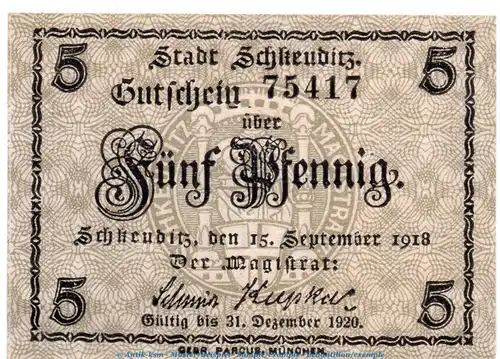 Notgeld Stadt Schkeuditz 6525.05.05 , 5 Pfennig Schein in kfr. von 1918 , Sachsen Verkehrsausgabe
