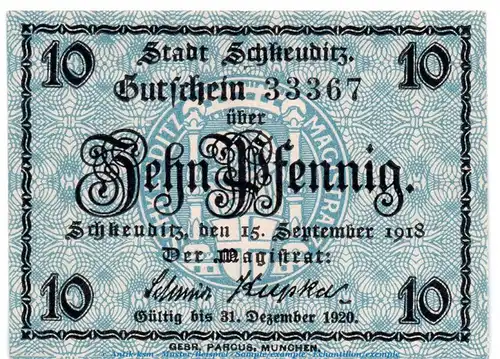 Notgeld Stadt Schkeuditz 6525.05.06 , 10 Pfennig Schein in kfr. von 1918 , Sachsen Verkehrsausgabe