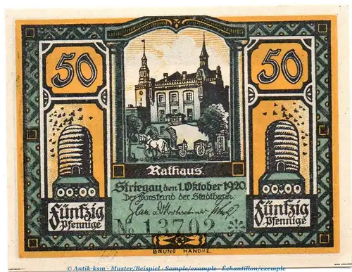 Notgeld Stadtbank Striegau 7205.10.11 , 50 Pfennig Schein in kfr. von 1920 , Schlesien Verkehrsausgabe