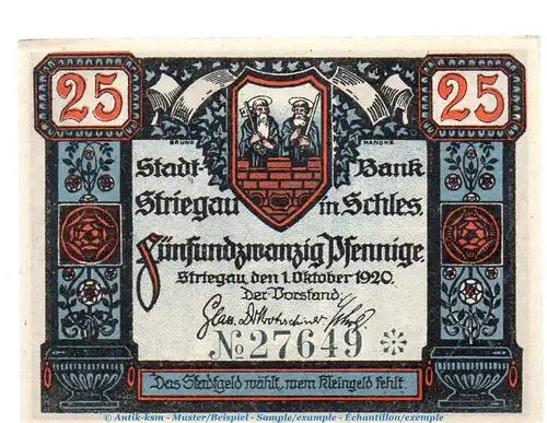 Notgeld Stadtbank Striegau 7205.10.10 , 25 Pfennig Schein in kfr. von 1920 , Schlesien Verkehrsausgabe