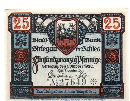 Striegau , Notgeld 25 Pfennig Schein unc-kfr. Ti.7205.10.10-15 , Schlesien 1920 Verkehrsausgabe