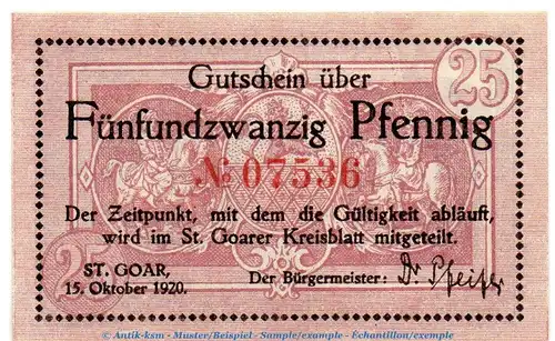Notgeld Stadt ST. Goar 6410.05.02 , 25 Pfennig Schein in kfr. von 1920 , Rheinland Verkehrsausgabe