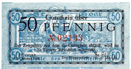 Notgeld Stadt ST. Goar 6410.05.03 , 50 Pfennig Schein in kfr. von 1920 , Rheinland Verkehrsausgabe