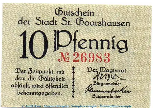 Notgeld Stadt ST. Goarshausen 6415.05.01 , 10 Pfennig Schein in kfr. o.D. Rheinland Verkehrsausgabe