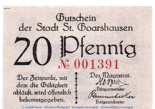 Notgeld Stadt ST. Goarshausen 6415.05.02 , 20 Pfennig Schein in kfr. o.D. Rheinland Verkehrsausgabe