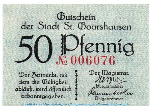 Notgeld Stadt ST. Goarshausen 6415.05.04 , 50 Pfennig Schein in kfr. o.D. Rheinland Verkehrsausgabe