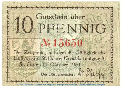 Notgeld Stadt ST. Goar 6410.05.05 , 10 Pfennig Schein in kfr. von 1920 , Rheinland Verkehrsausgabe