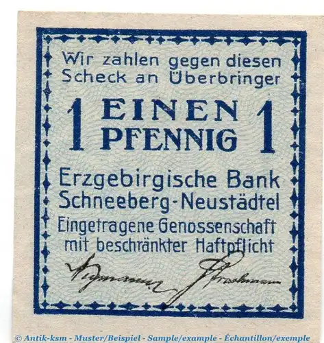 Notgeld Stadt Schneeberg 6605.05.01 , 1 Pfennig Schein in kfr. o.D. Sachsen Verkehrsausgabe