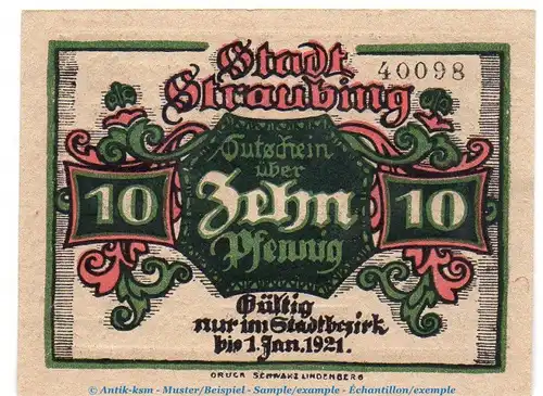 Notgeld Stadt Straubing 7180.05.05 , 10 Pfennig büttenartig in kfr. von 1918 , Bayern Verkehrsausgabe