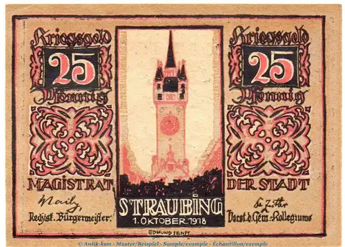 Notgeld Stadt Straubing 7180.05.06 , 25 Pfennig büttenartig in kfr. von 1918 , Bayern Verkehrsausgabe