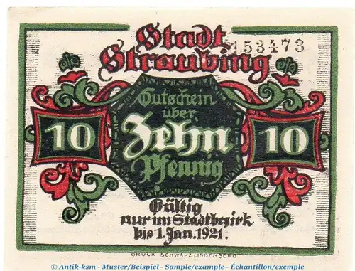 Notgeld Stadt Straubing 7180.05.20 , 10 Pfennig Schein o.Wz. bis 1921 in kfr. von 1918 , Bayern Verkehrsausgabe