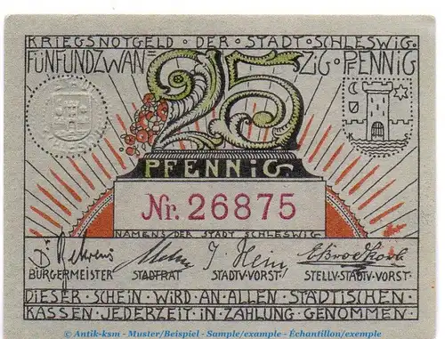 Notgeld Stadt Schleswig 6560.10.25 , 25 Pfennig Schein in kfr. o.D. Schleswig Holstein Verkehrsausgabe