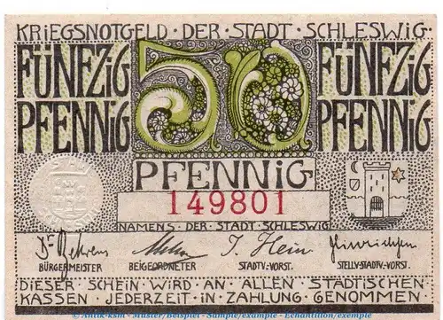 Notgeld Stadt Schleswig 6560.10.15-20 , 50 Pfennig Schein in kfr. von 1918 Schleswig Holstein Verkehrsausgabe