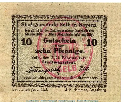 Notgeld Stadt Selb 6860.15.01 , 10 Pfennig Schein in gbr. von 1917 , Bayern Verkehrsausgabe