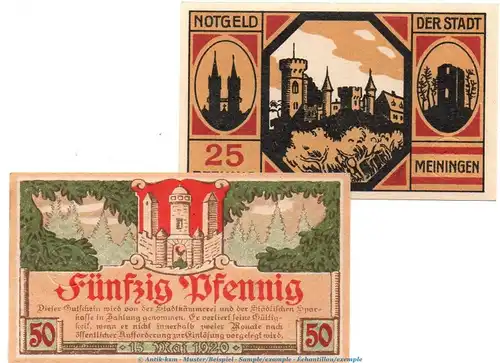 Notgeld Stadt Meiningen 4465.10.10-15 , Set mit 2 Scheinen in kfr. von 1920 , Sachsen Verkehrsausgabe