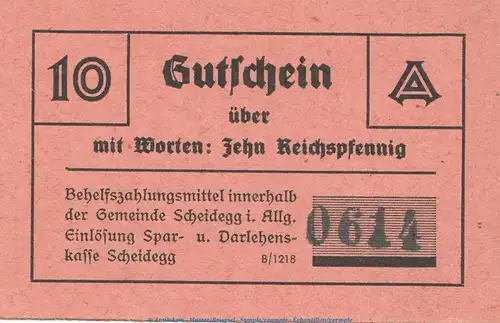 Notgeld Gemeinde Scheidegg i.Allg. 10 Pfennig Schein in kfr. o.D. Bayern Notgeld 1945-48