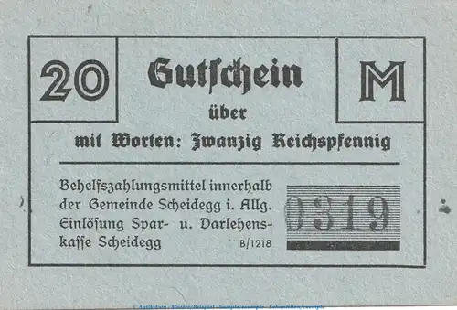 Notgeld Gemeinde Scheidegg i.Allg. 20 Pfennig Schein in kfr. o.D. Bayern Notgeld 1945-48