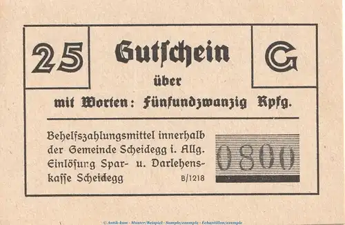 Notgeld Gemeinde Scheidegg i.Allg. 25 Pfennig Schein in kfr. o.D. Bayern Notgeld 1945-48