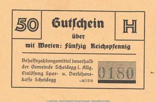 Notgeld Gemeinde Scheidegg i.Allg. 50 Pfennig Schein in kfr. o.D. Bayern Notgeld 1945-48