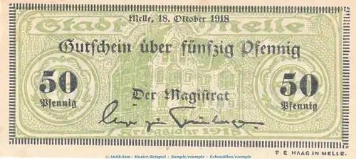 Notgeld Stadt Melle , 50 Pfennig Schein in kfr. Tieste 4475.05.22 , von 1918 , Hannover Verkehrsausgabe