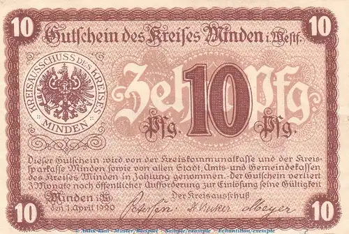 Notgeld Stadt Minden , 10 Pfennig Schein in kfr. Tieste 4575.05.05 von 1920 , Westfalen Verkehrsausgabe