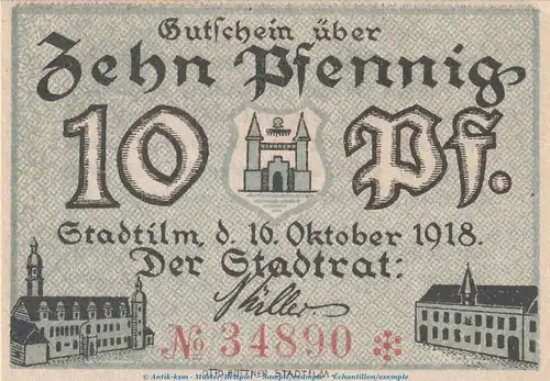 Notgeld Stadt Stadtilm , 10 Pfennig Schein in kfr. Tieste 7050.05.02 von 1918 , Thüringen Verkehrsausgabe