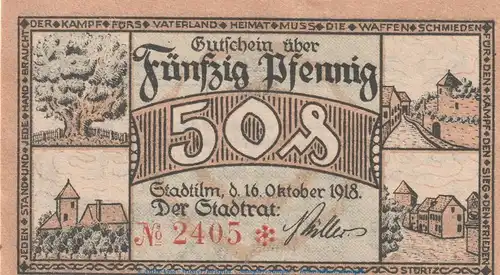Notgeld Stadt Stadtilm , 50 Pfennig Schein in kfr. Tieste 7050.05.03 von 1918 , Thüringen Verkehrsausgabe