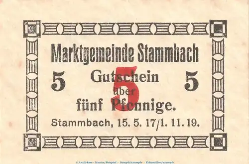 Stammbach , Notgeld 5 Pfennig Schein in kfr. Tieste 7070.05.85  Bayern 1917 Verkehrsausgabe