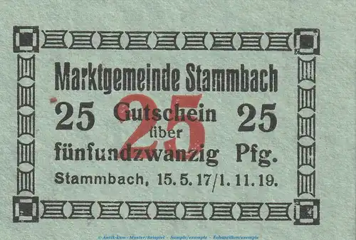 Notgeld Marktgemeinde Stammbach , 25 Pfennig Schein in kfr. Tieste 7070.05.53 von 1917 , Bayern Verkehrsausgabe