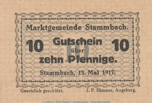 Notgeld Marktgemeinde Stammbach , 10 Pfennig Schein in kfr. Tieste 7070.05.02 von 1917 , Bayern Verkehrsausgabe