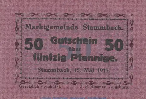 Notgeld Marktgemeinde Stammbach , 50 Pfennig Schein in kfr. Tieste 7070.05.13 von 1917 , Bayern Verkehrsausgabe