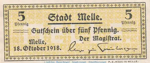 Notgeld Stadt Melle , 5 Pfennig Schein in kfr. Tieste 4475.05.15 von 1918 , Niedersachsen Verkehrsausgabe