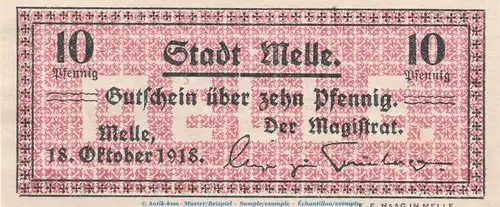 Notgeld Stadt Melle , 10 Pfennig Schein in kfr. Tieste 4475.05.16 von 1918 , Niedersachsen Verkehrsausgabe
