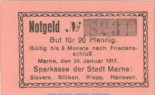 Notgeld Sparkasse Marne , 20 Pfennig Schein in kfr. Tieste 4425.05.10 von 1917 , Schleswig Holstein Verkehrsausgabe