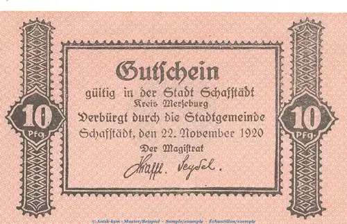 Notgeld Stadt Schafstädt , 10 Pfennig Schein in kfr. Tieste 6450.05.20 von 1920 , Sachsen Verkehrsausgabe