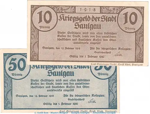 Notgeld Stadt Saulgau , Set mit 2 Scheinen in kfr. Tieste 6435.05.10-11 von 1918 , Württemberg Verkehrsausgabe