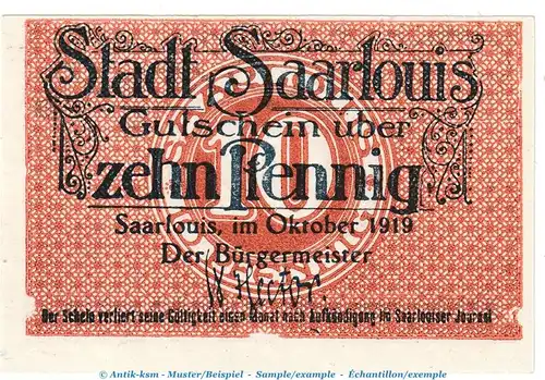 Notgeld Stadt Saarlouis , 10 Pfennig Schein in kfr. Tieste 6350.05.40 von 1919 , Rheinland Verkehrsausgabe