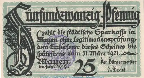 Notgeld Sparkasse Mayen , 25 Pfennig Schein in kfr. Tieste 4440.05.01 von 1919 , Rheinland Verkehrsausgabe