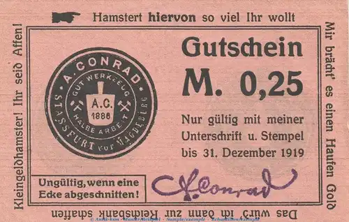 Notgeld Conrad A. Stassfurt , 25 Pfennig Schein in kfr. Tieste 7085.05.05 o.D. Sachsen Anhalt Verkehrsausgabe