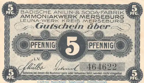 Notgeld Amoniakwerk Merseburg , 5 Pfennig Schein in kfr. Tieste 4505.05.03 o.D. Sachsen Anhalt Verkehrsausgabe