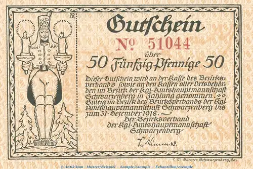 Notgeld Amtshauptmannschaft Schwarzenberg , 50 Pfennig Schein in kfr. Tieste 6755.05.01 o.D. Sachsen Verkehrsausgabe