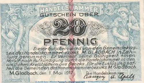 Notgeld Handelskammer M. Gladbach , 20 Pfennig Schein in kfr. Tieste 4710.05.05 von 1917 , Rheinland Verkehrsausgabe