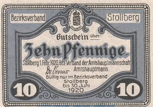 Notgeld Amtshauptmannschaft Stollberg , 10 Pfennig Schein in kfr. Tieste 7155.05.20 von 1920 , Sachsen Verkehrsausgabe