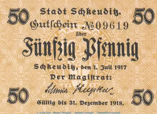 Notgeld Stadt Schkeuditz , 50 Pfennig Schein in kfr. Tieste 6525.05.03 von 1917 , Sachsen Verkehrsausgabe