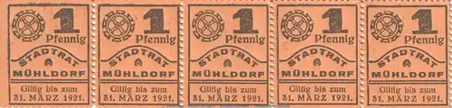 Notgeld Stadtrat Mühldorf , 5-er Streifen 1 Pfennig in kfr. Tieste 4650.05.01 von 1920 , Bayern Verkehrsausgabe