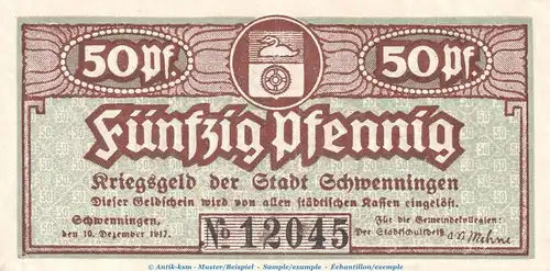 Notgeld Stadt Schwenningen , 50 Pfennig Schein in gbr. Tieste 6785.05.01 von 1917 , Württemberg Verkehrsausgabe