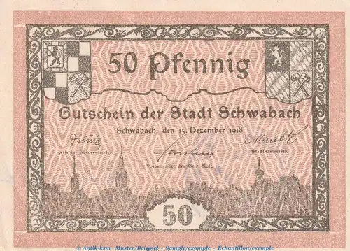 Notgeld Stadt Schwabach , 50 Pfennig Schein in kfr. Tieste 6715.10.15 von 1918 , Bayern Verkehrsausgabe