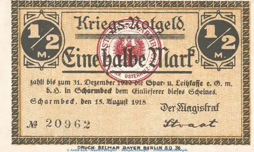 Notgeld Stadt Scharmbeck , 1 halbe Mark Schein in kfr. Tieste 6465.05.02 von 1918 , Niedersachsen Verkehrsausgabe