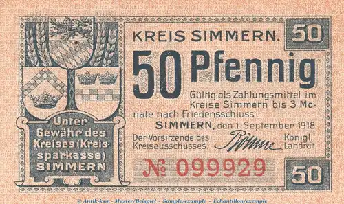 Notgeld Kreis Simmern , 50 Pfennig Schein in kfr. Tieste 6925.05.01 von 1918 , Rheinland Verkehrsausgabe