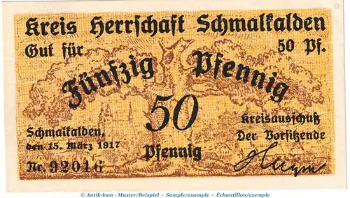 Notgeld Kr.Herrsch. Schmalkalden , 50 Pfennig Schein in kfr. Tieste 6585.05.01 von 1917 , Hessen Verkehrsausgabe